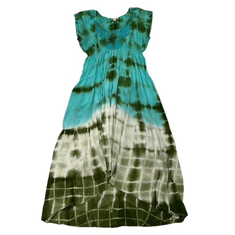 Vintage Y2K Green Tie Dye Embroidered Empire Waist Hi Lo Maxi Dress